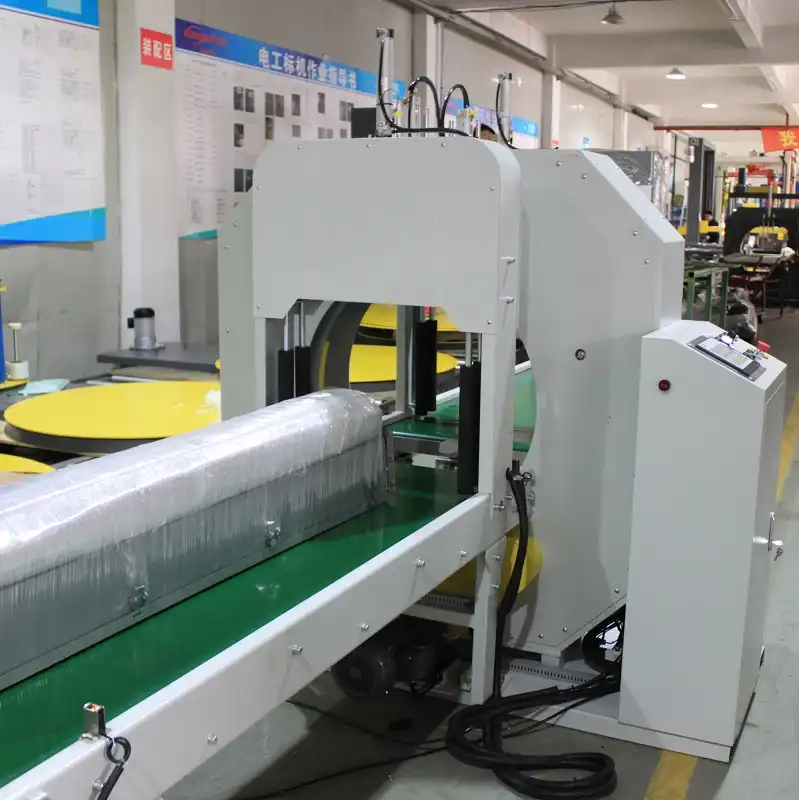 Horizontal orbital stretch wrapper integrated into a packaging line