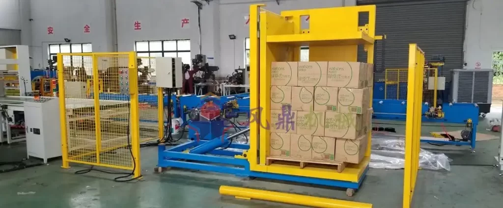 Warehouse worker operating a stationary pallet inverter to exchange a wooden pallet for a plastic one