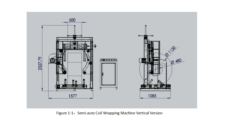 Diagram of a semi-automatic vertical coil wrapping machine showing key components.