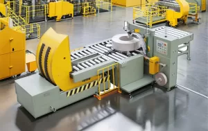 Steel coil passing through a coil packing machine