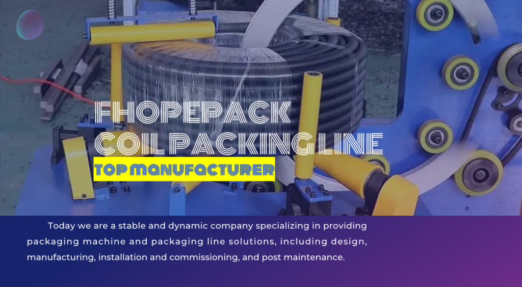 Automated hose packing machine wrapping a coil