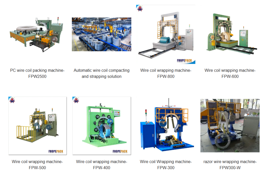 Wire coil wrapping machine securely packaging a coil