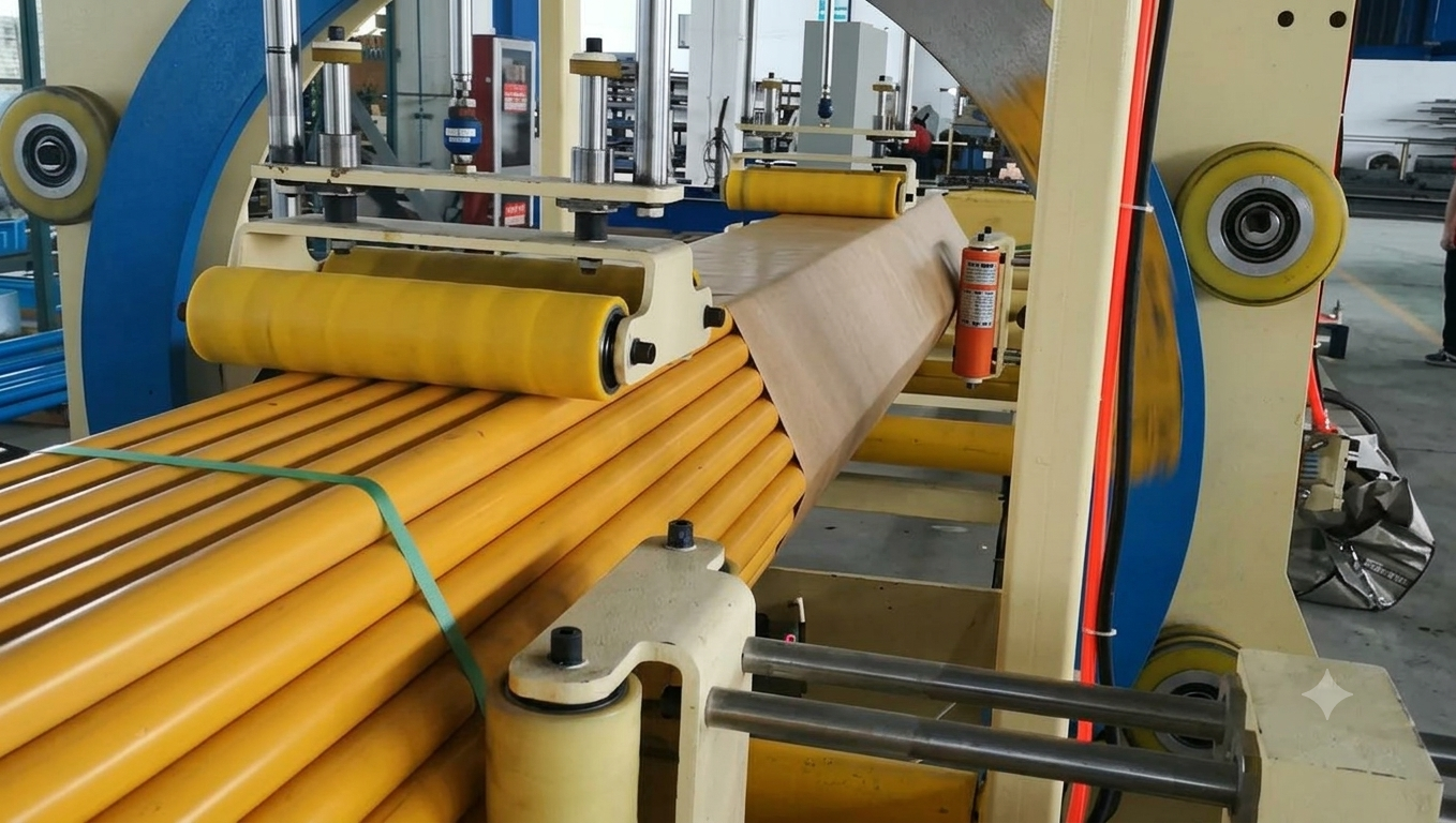A steel tube bundle stacking and strapping packing line