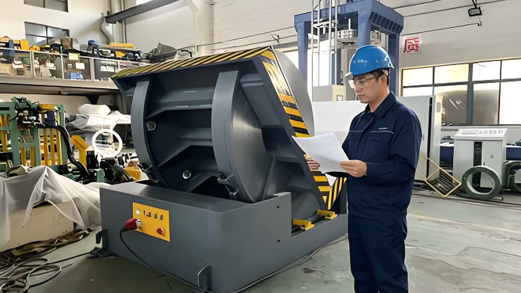 Senior engineer Zhang Weiqiang reviewing coil packaging machine drawings at factory acceptance