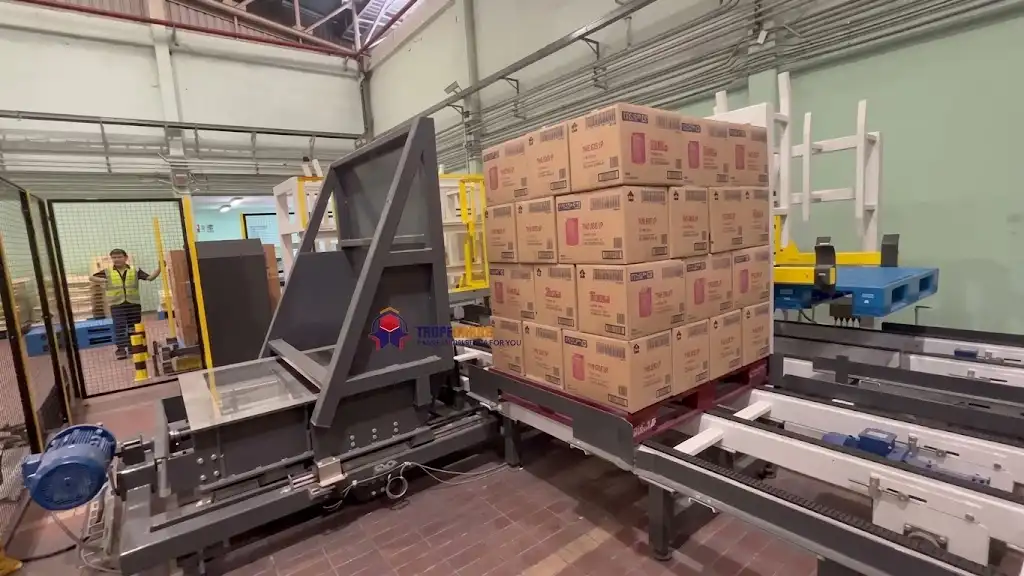 Automatic pushing type pallet changing machine on-site running video Automatic pushing type pallet changing machine on-site running video