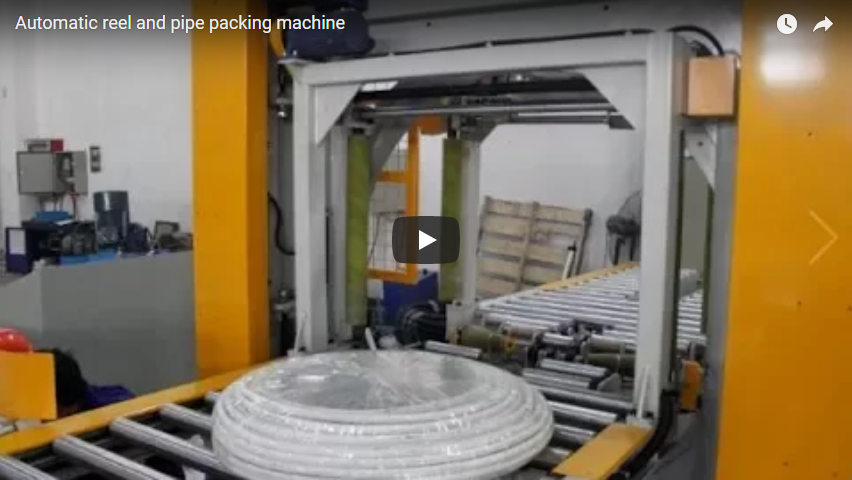 Automatic reel and pipe packing machine and hose wrapping machine
