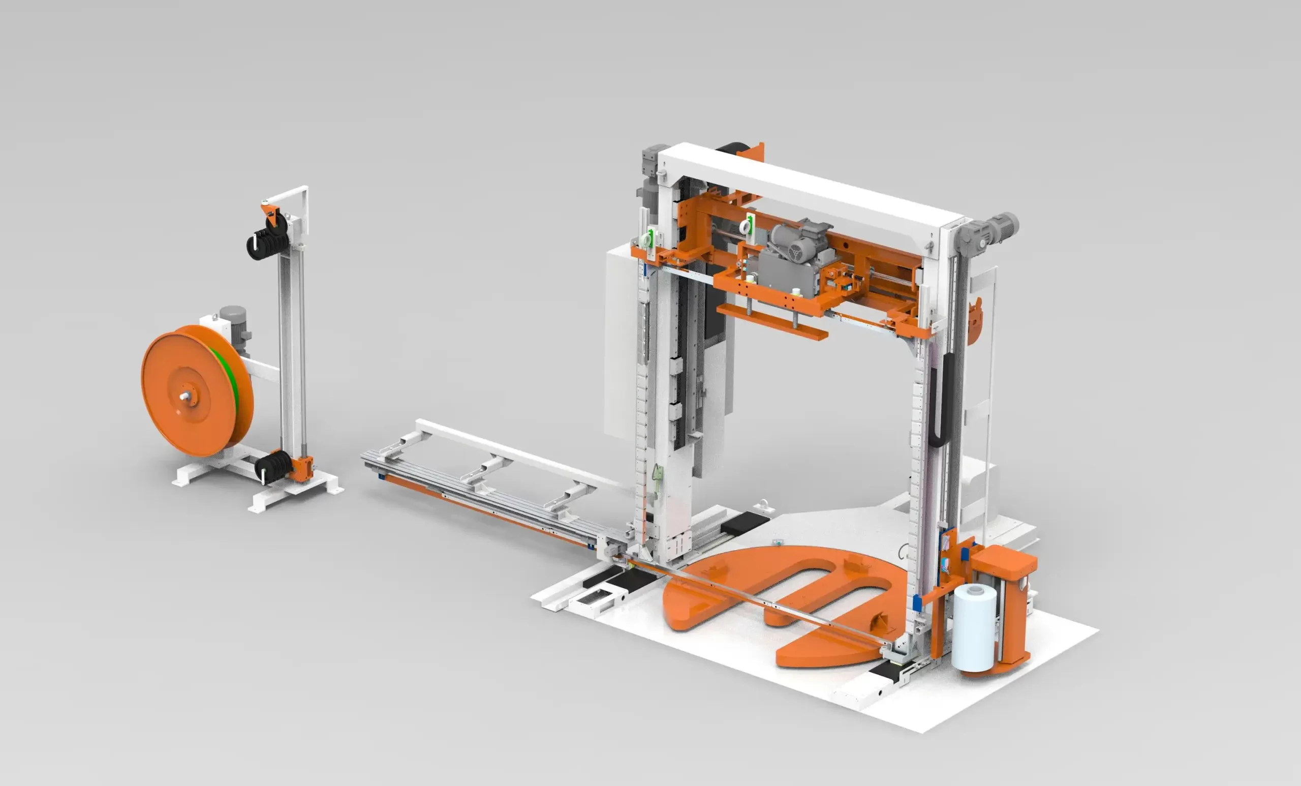 CAD render of an integrated pallet wrapping and strapping line with a rotary wrapper and a strapping unit
