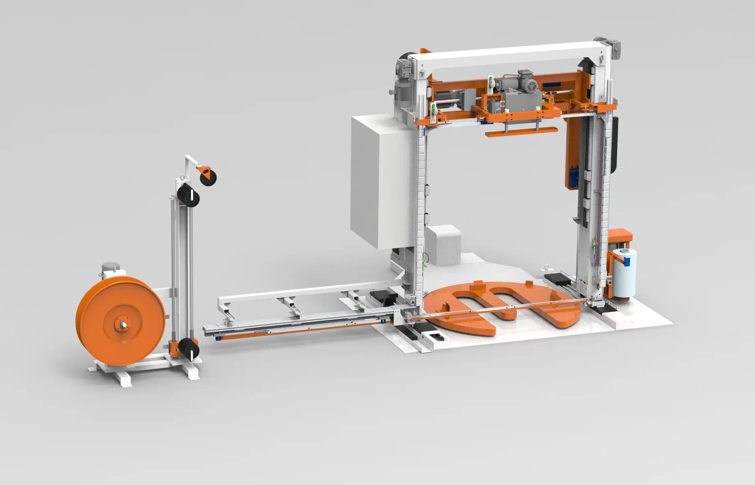 CAD render of a pallet wrapping unit with an integrated strapping station
