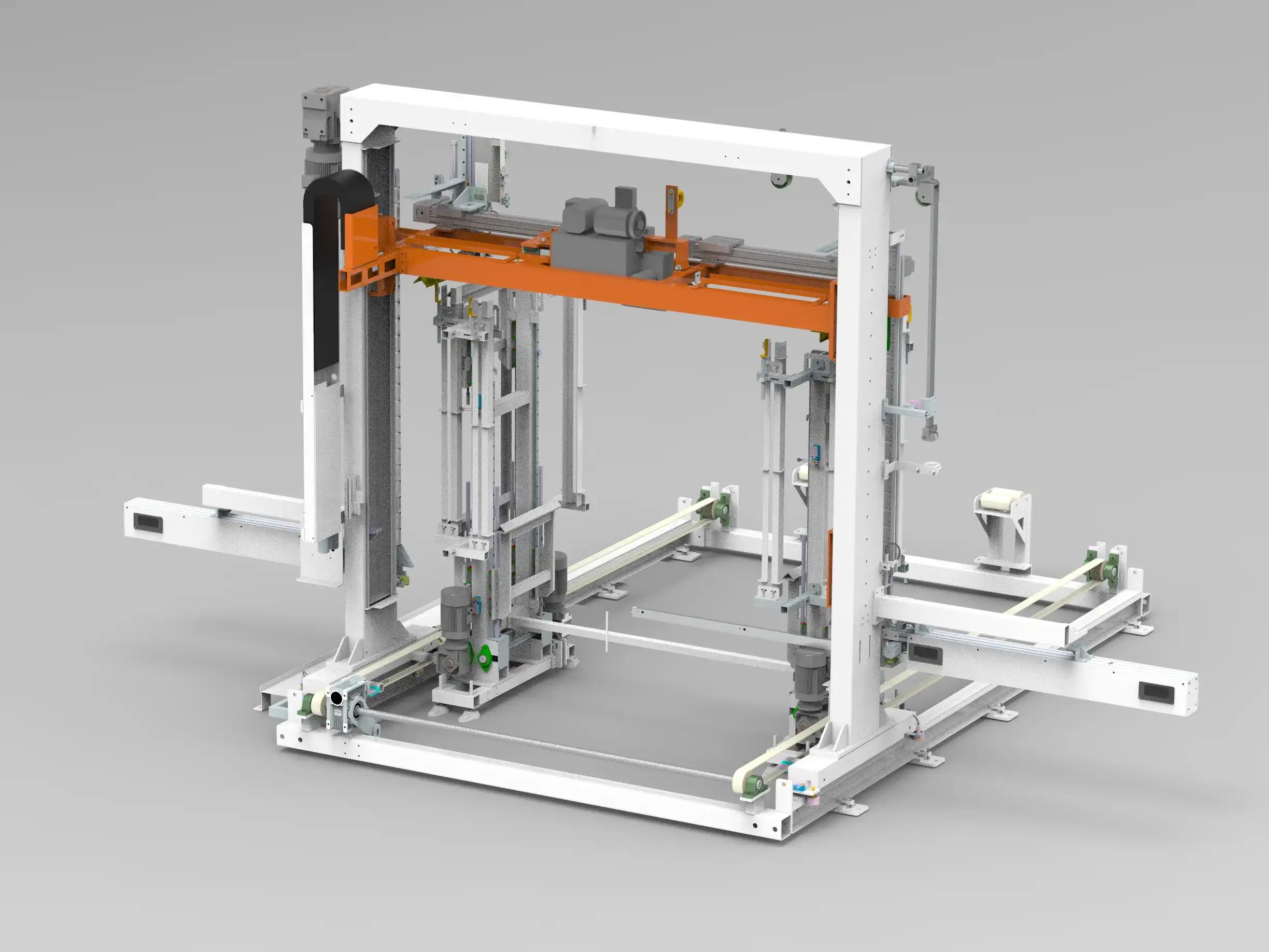 CAD render of an automatic turntable pallet strapping machine applying a strap around a palletized load