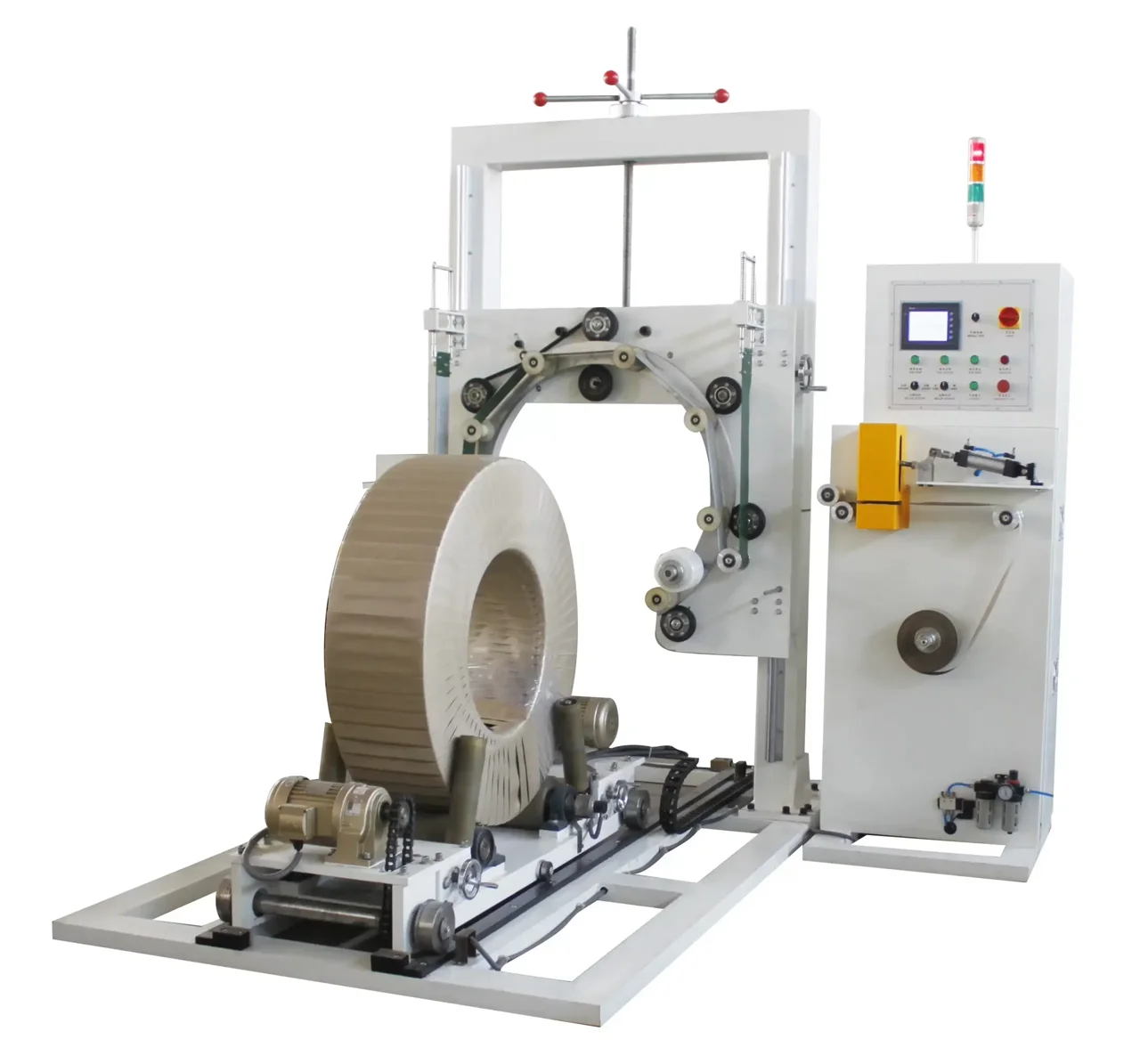 A wire coil packing unit with a ring-type wrapping head around a large coil workpiece