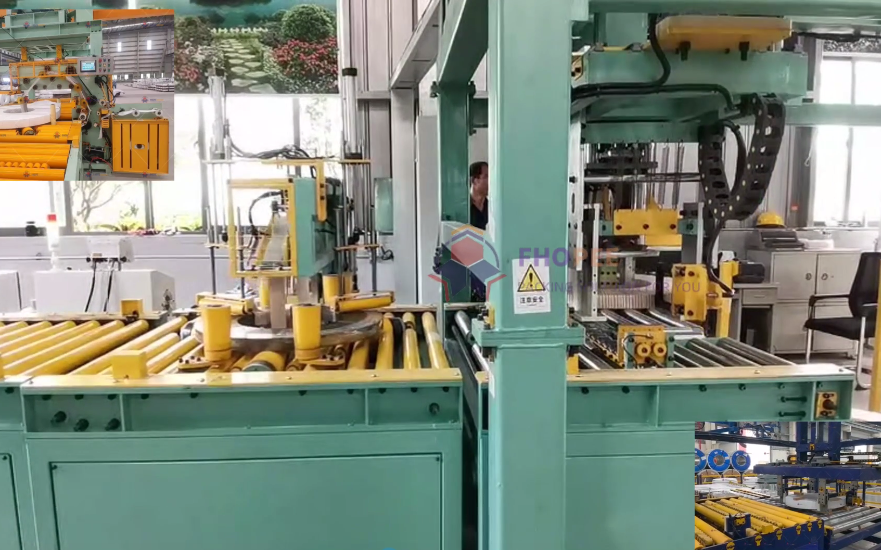 Automatische, robuuste omsnoerings- en stretchfoliewikkellijn voor stalen coils Automatische, robuuste omsnoerings- en stretchfoliewikkellijn voor stalen coils