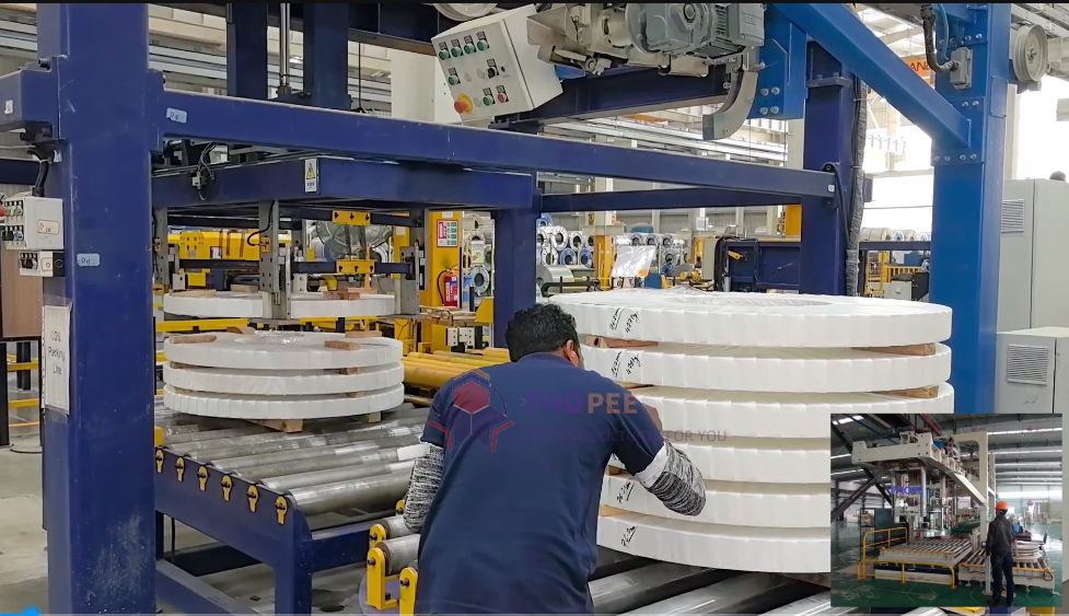 Automatic Aluminum Coil Strapping, Wrapping and Stacking Line